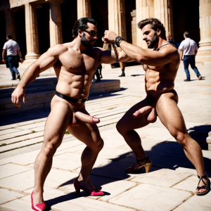 Harmodio y Aristogitón están desnudos. Tienen grandes testículos muy velludos. Luchan en la plaza medieval de Atenas. Se golpean con sus grandes penes. Son musculosos y están delgados y bronceados. Tienen mucho vello por todo el cuerpo. Aristogitón rechaza a Harmodio. ⛓️ ⛓️ 🔪 🔪  🤬 😡 👠👠 👡👡 🧑🏻‍🎤 👨🏻‍🎤 