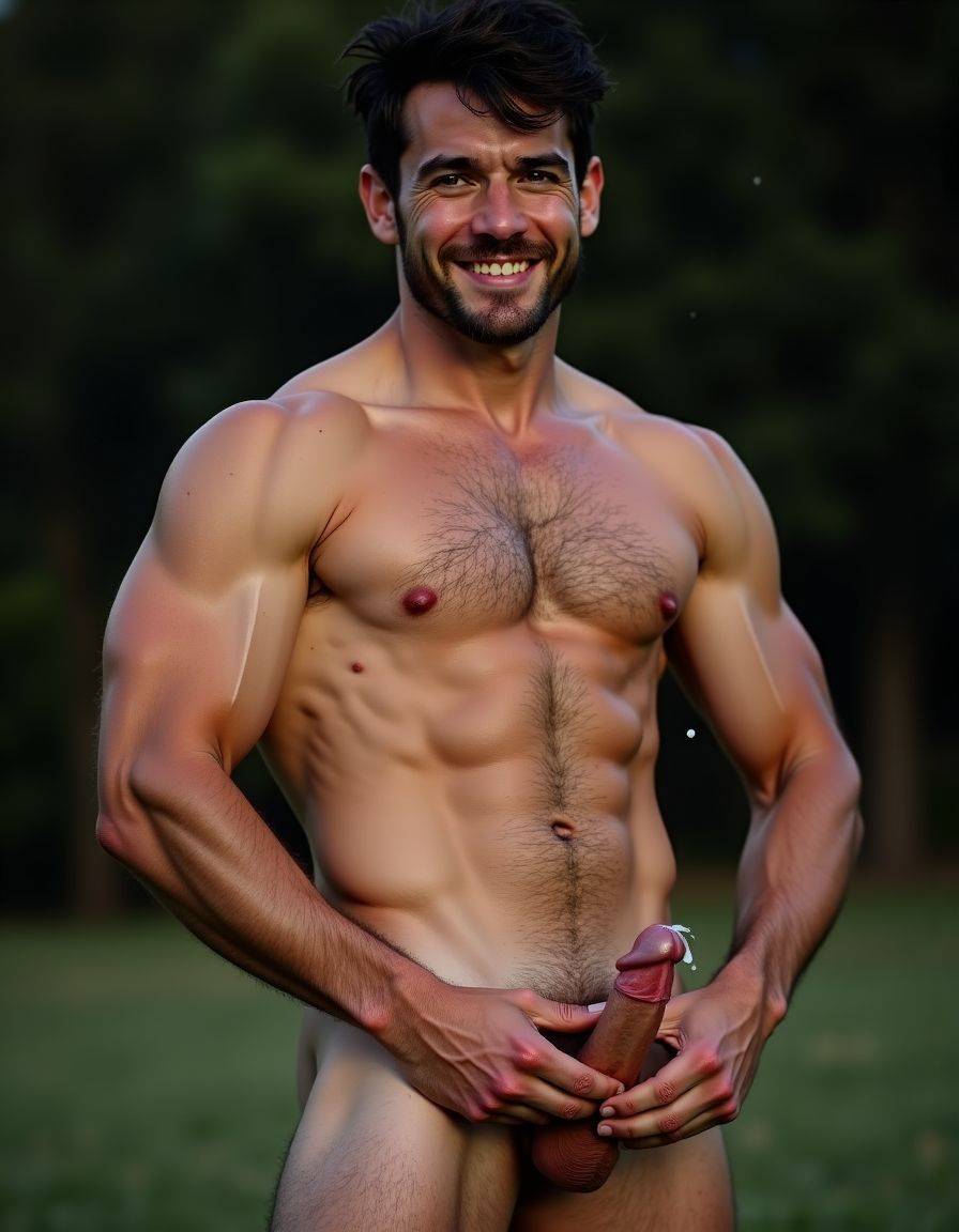 hoyuelo en barbilla, mentón hendido, el mentón está limpio y bien afeitado, NO BARBA y NO BIGOTE, de una cara masculina de un hombre muy viril y musculoso y guapo y sexi de 40 años que tiene mandíbula fuerte y cuadrada, destacando una fisura vertical marcada en el centro del mentón que es el hoyuelo. La cara es de un hombre español musculoso culturista, torso desnudo, constitución corporal extremadamente desarrollada escultural, boca cerrada en sonrisa torcida arrogante burlona, labios carnosos, ojos verdes claro profundos con mirada penetrante directa a cámara cargada de cinismo y dominancia, cejas pobladas densas, cabello denso despeinado hacia atrás en copete desordenado con mechones rebeldes cayendo sobre frente y sienes mostrando textura natural sin producto, cuello musculoso con nuez prominente visible, trapecios enormes elevados como montañas a ambos lados del cuello, pecho descomunal con pectorales gigantescos separados con hendidura profunda central cada fibra muscular visible bajo piel bronceada cubiertos completamente por alfombra densa de vello negro formando manto tupido salvaje sobre toda la superficie con pezones oscuros erectos asomando entre pelaje espeso, abdomen perfectamente esculpido en tableta de ocho secciones profundas con sombras dramáticas entre cada músculo, oblicuos cortados laterales, línea de vello negro denso descendiendo desde centro del pecho entre pectorales por esternón sobre cada abdominal hasta ombligo donde se ensancha formando trail oscuro salvaje continuando descendiendo, brazos con bíceps de gran tamaño con cabezas musculares divididas y venas gruesas azules serpenteando por toda superficie, tríceps marcados en herradura, deltoides esféricos estriados, antebrazos masivos cubiertos de vello negro denso con venas prominentes bajando hasta muñecas, dorsales anchos como alas creando V invertida brutal, piel clara ligeramente bronceada con poros visibles micro imperfecciones naturales lunares y marcas sutiles, vello corporal negro abundante cubriendo completamente pecho abdomen brazos antebrazos cuello en densidad natural masculina sin recortar, iluminación natural lateral dramática creando sombras duras acentuando cada músculo, fondo neutro desenfocado, estilo fotografía editorial cruda realista, grano fotográfico sutil, colores naturales intensos saturados. Está totalmente desnudo. Tiene un  pene erecto enorme de 35 centímetros de largo y muy grueso apuntando hacia arriba entre su cuerpo, venas gruesas pulsantes marcadas recorriendo todo el tronco de su pene, glande hinchado enorme brillante de color rojo púrpura, testículos extremadamente grandes gordos y pesados colgando muy abajo descolgados entre las piernas con piel arrugada tensa bajo el peso, el pene eyaculando activamente múltiples chorros gruesos abundantes de semen blanco espeso disparándose de la punta con fuerza, semen resbalando copiosamente por el glande y tronco formando hilos blancos espesos, gotas gruesas de semen cayendo entre su cuerpo. Tiene anillo de plata en el dedo hallux (primer dedo del pie) de sus pies. Crea imagen del personaje descrito de cuerpo entero desde los dedos de sus pies hasta su cabeza, todo el cuerpo desnudo a la vista de la cámara. Tiene sandalias en sus pies. Fotografía hiperrealista de ultra alta definición 8K plano lateral del cuerpo completo.