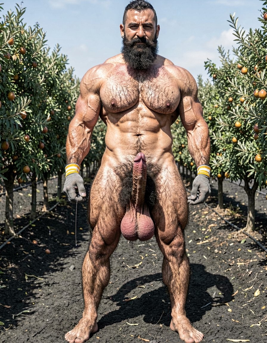 A hyper-realistic full-body vertical photograph taken in harsh midday Santorini sunlight over black volcanic soil between rows of Assyrtiko vines. Dimitris, 32, stands completely naked except for grey work gloves with yellow and white stripes, feet planted wide apart on the dark earth, toes gripping the soil. Shot from a low frontal angle so every inch from his big dirty feet to the top of his head is visible without cropping. His body is at 5% body fat, extremely muscular competition physique: huge veiny traps and shoulders, massive hairy pecs, eight-pack abs partially covered by dense black curly body hair that runs from his neck all the way down to his toes. Extremely thick black pubic bush, massive thick veiny Greek cock rock-hard and pointing upward almost touching his abs, swollen purple glans shiny with precum, a long clear drop hanging from the slit. Heavy low-hanging hairy balls. Thick black hair covers his powerful thighs, calves and feet. His face is pure predator: long thick connected black beard and mustache, short jet-black hair with shaved sides, dark intense eyes looking straight at the viewer, small silver earring in left ear. Skin deeply tanned and covered in sweat that makes the dense body hair glisten. Every muscle, every strand of wet black hair, every vein is razor sharp under the direct Mediterranean sun. Maximum photorealistic detail, vertical composition showing the entire body head to toe with no cropping.
