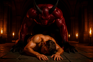 Un demonio rojo enorme, musculoso y con cuernos negros se inclina de forma amenazante sobre un hombre desnudo tumbado boca abajo en el suelo de piedra, creando una escena oscura de fantasía infernal y dominación. La criatura tiene piel brillante y rugosa, rostro feroz, garras largas, hombros descomunales y una postura depredadora, mientras el hombre aparece indefenso, con el cuerpo sudoroso, los brazos extendidos y la cabeza agachada contra las losas. El entorno parece una cripta o mazmorra gótica, con arcos de piedra, columnas en penumbra y antorchas encendidas que proyectan una luz cálida y dramática sobre la escena, reforzando una atmósfera de terror, ritual demoníaco y tensión sobrenatural.