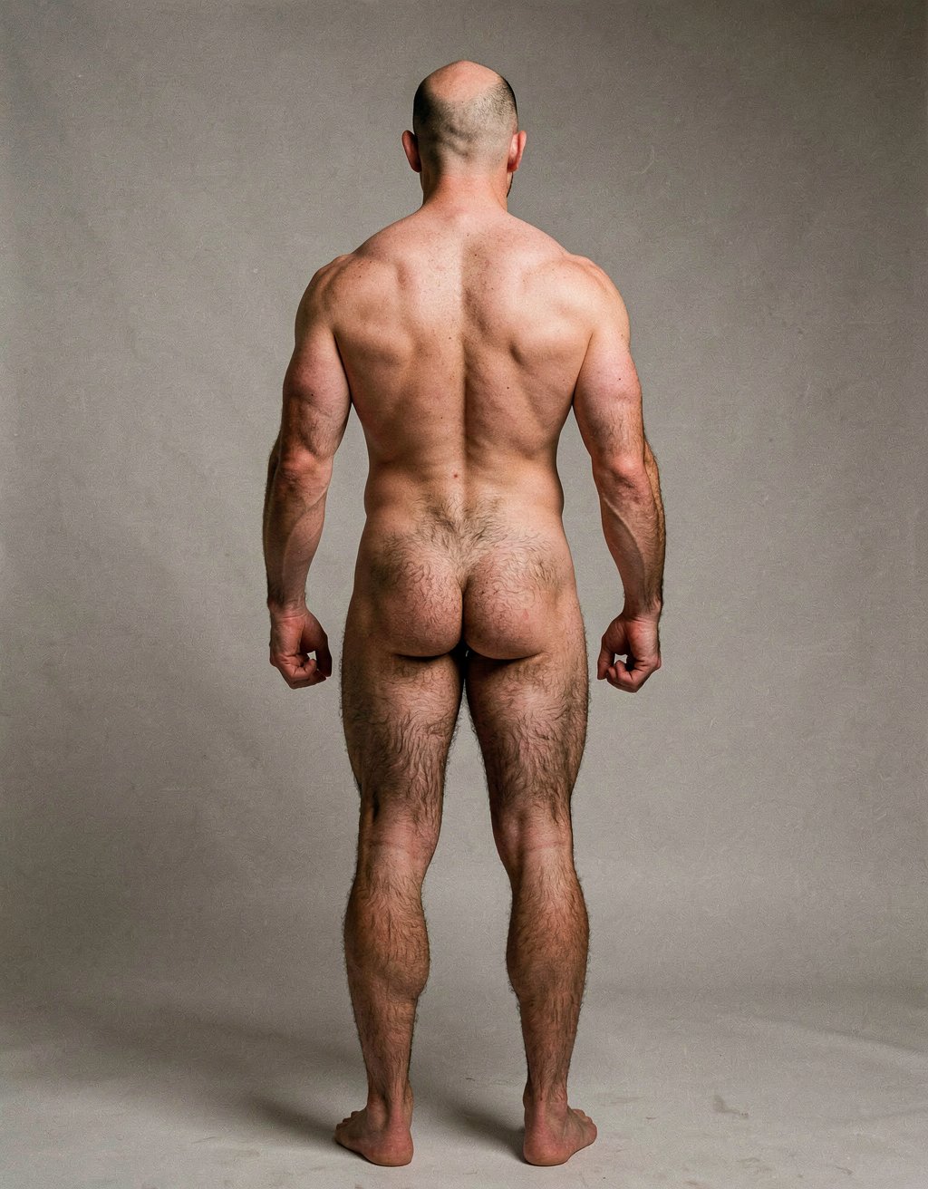 Mike Morris, a 32-year-old extremely lean Caucasian male at only 8% body fat, stands completely naked in a strict military attention pose seen from directly behind in a full posterior view. His back is perfectly straight, shoulders pulled back, arms rigid at his sides with fists clenched, legs straight and together, head held high. The shot captures him from the heels of his feet all the way up to the top of his bald head. His advanced Norwood III-IV baldness is clearly visible from behind, with a smooth tanned scalp on the crown and short dense dark brown hair only on the sides and lower back of the head. His back is highly defined and vascular: wide lats tapering dramatically to a very narrow, tight waist, thick trapezius muscles, and dense dark brown body hair lightly covering the shoulders and becoming much thicker and denser across the lower back and lumbar area, especially between the lats. His ass is tight, muscular and round with almost no fat, the glutes clearly separated. Thick dark hair continues down onto his powerful diamond-shaped calves and the backs of his slightly hairy feet. Dramatic directional studio lighting from above and slightly to the side creates strong highlights on his dry, shredded skin and deep shadows that accentuate every muscle fiber, the texture of his dense back hair, and the extreme vascularity and definition of his 8% body fat physique. Photorealistic, high-contrast, masculine 1970s Colt Studio aesthetic, grainy film texture, commanding and powerful presence. Las piernas están un poco abiertas pies un poco más separdos