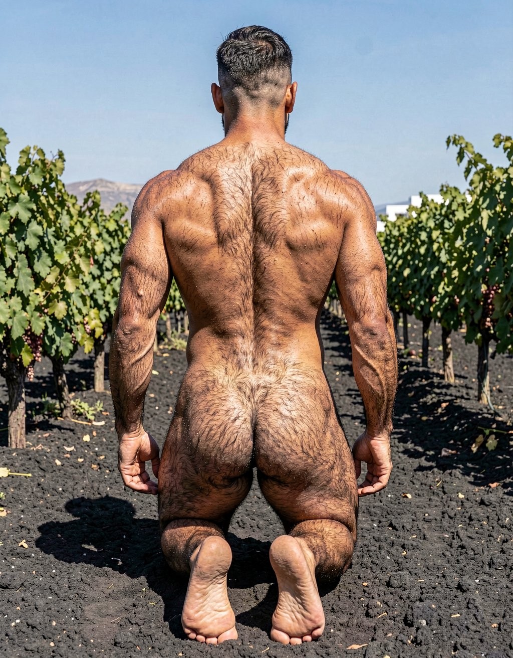 A powerful, perfectly framed full-body rear photograph of Alfredo standing completely still with his back to the camera, captured from the very top of his head all the way down to the tips of his ten toes with zero cropping whatsoever. The very young 28-year-old man is totally naked with no accessories at all. He has a clean-shaven face except for a thick, dense black mustache that gives him a very macho and virile look, short dark hair with a clean fade, strong square jaw visible from the side. Extremely virile and macho appearance despite his young age: very thick, coarse dark body hair covering almost his entire body in dense masculine patterns, heavy pelt across his wide muscular back, dense hair over his shoulders, traps, lats and especially covering his powerful round glutes. He maintains a dry, competition-level 7% body fat physique from running multiple marathons every year: brutally muscular yet lean and endurance-hardened, with thick traps, wide lats creating a dramatic V-taper, deeply etched erector spinae, visible striations across the entire back, narrow waist, massive muscular legs with defined hamstrings, hard vascular calves and dense dark hair covering every inch. His glutes are tight, round and extremely muscular with a clean hairy crack and anus clearly shown, without any penis or testicles visible between them at all, no cock or balls protruding or hanging from behind in any way. Strong veiny arms hanging relaxed at his sides, large masculine hands, strong bare feet planted firmly on the dark volcanic soil of the Santorini vineyard, every toe visible. Bright Mediterranean sunlight hits his sweaty, bronzed skin, creating sharp highlights on every muscle fiber and deep shadows that accentuate the extreme vascularity and dense body hair. Lush green Assyrtiko vines and black volcanic earth surround him. Ultra photorealistic, raw masculine power, extremely hairy and virile young stud, dry fibrous marathon-runner physique, natural cinematic lighting, full uncropped body from the top of the head to the very tips of the toes, no penis or testicles visible from behind between the glutes.  Se arrodilla con alegría 