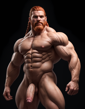 Un hombre de 30 años, de rasgos nórdicos, cabello rojizo, largo y trenzado, barba rojiza y tupida y trenzada, atlético y musculoso posa en un fondo completamente negro. Su cuerpo está completamente definido y simétrico, con una musculatura desarrollada y visible gracias a una iluminación dramática desde arriba que resalta cada fibra muscular. Se encuentra totalmente desnudo con su hermoso y enorme pene visible . Está descalzo y adopta una pose icónica de fisicoculturismo: su brazo derecho está extendido hacia arriba y hacia un lado, con los dedos señalando en esa dirección, mientras que su brazo izquierdo está flexionado a la altura del hombro, mostrando su bíceps. Su cabeza está girada levemente hacia arriba, siguiendo la línea de su brazo extendido, con una expresión de confianza. La iluminación fuerte y directa genera sombras profundas que acentúan su físico sobre el fondo oscuro, creando un efecto teatral e impactante.