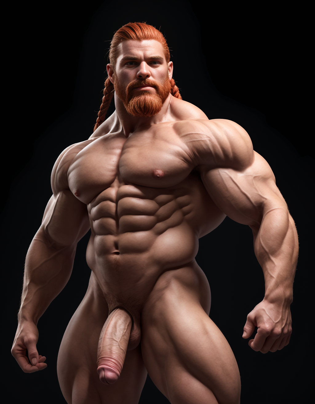 Un hombre de 30 años, de rasgos nórdicos, cabello rojizo, largo y trenzado, barba rojiza y tupida y trenzada, atlético y musculoso posa en un fondo completamente negro. Su cuerpo está completamente definido y simétrico, con una musculatura desarrollada y visible gracias a una iluminación dramática desde arriba que resalta cada fibra muscular. Se encuentra totalmente desnudo con su hermoso y enorme pene visible . Está descalzo y adopta una pose icónica de fisicoculturismo: su brazo derecho está extendido hacia arriba y hacia un lado, con los dedos señalando en esa dirección, mientras que su brazo izquierdo está flexionado a la altura del hombro, mostrando su bíceps. Su cabeza está girada levemente hacia arriba, siguiendo la línea de su brazo extendido, con una expresión de confianza. La iluminación fuerte y directa genera sombras profundas que acentúan su físico sobre el fondo oscuro, creando un efecto teatral e impactante.