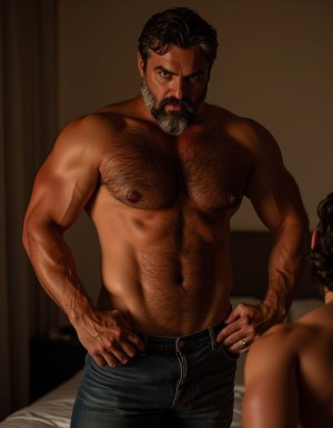A mature muscular Latino man in his late 40s with massive overdeveloped hairy pectorals, thick dark chest hair spreading across his torso, defined abs, strong arms, salt and pepper beard, wearing unbuttoned jeans showing his V-line, standing dominantly in a bedroom while a younger fit man aged 32 watches from behind looking submissive and humiliated, the mature man has an arrogant smirk, heavy masculine energy, dim moody lighting, cinematic photography, high detail, realistic skin texture, cuckold scene composition, the younger man's face shows jealousy and desire, warm color tones, alpha male pose