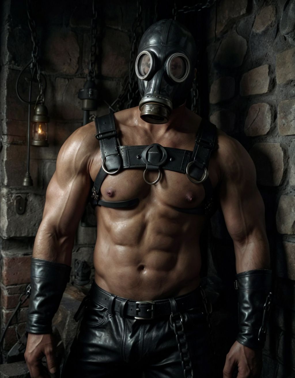 Hombre desnudo, arnés de cuero negro, máscara de gas, mazmorra gótica oscura, grilletes en paredes de piedra, luces rojas tenues, ambiente intenso y sensual, piel sudorosa, músculos tensos, arnés ajustado, máscara de gas brillante, sombras profundas, erotismo y poder.
