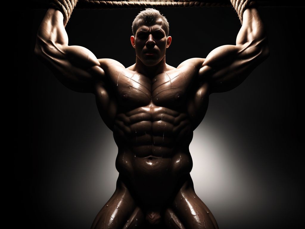Hombre desnudo, cuerpo muscular, atado con cuerdas gruesas, brazos y piernas estirados, torso tenso, piel sudorosa, nudos apretados, expresión de sumisión, fondo oscuro y sombrío, iluminación tenue, sombras intensas, textura de la piel realista, anatomía detallada, cuerdas marcando la piel, atmósfera intensa y provocativa.