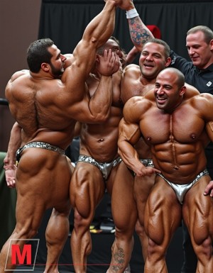 Primer plano realista fotográfico de cuatro culturistas muy musculosos en una exhibición, tienen sus cuerpos tensados mostrando mus musculaturas en diferentes posiciones, todos van desnudos con solo pequeños tangas de colores plateados y dorados mostrando grandes bultos en los pequeños tangas. Un árbitro levanta la mano del ganador. Todos gritan. 