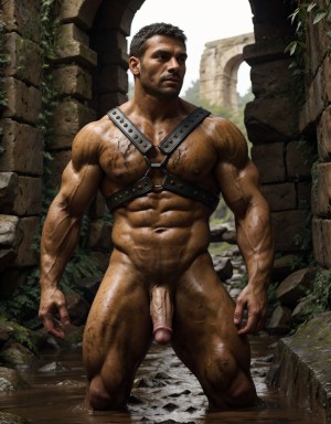 Hombres espartanos desnudos, penes visibles, con arneses de cuero, luchando ferozmente en un barro espeso, mazmorra antigua romana con piedras húmedas, iluminación tenue, atmósfera brutal y primitiva.