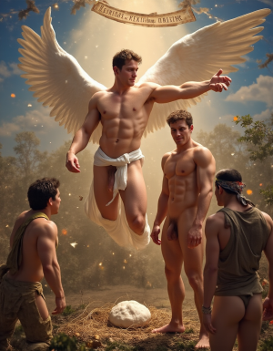 El arcángel San Gabriel es conocido como el ángel anunciador, está totalmente desnudo, tiene cuerpo de culturista, tiene un pene erecto de 35 cm de longitud y 9 cm de diámetro, tiene alas blancas, ondea en el aire una cinta con la inscripción latina: 