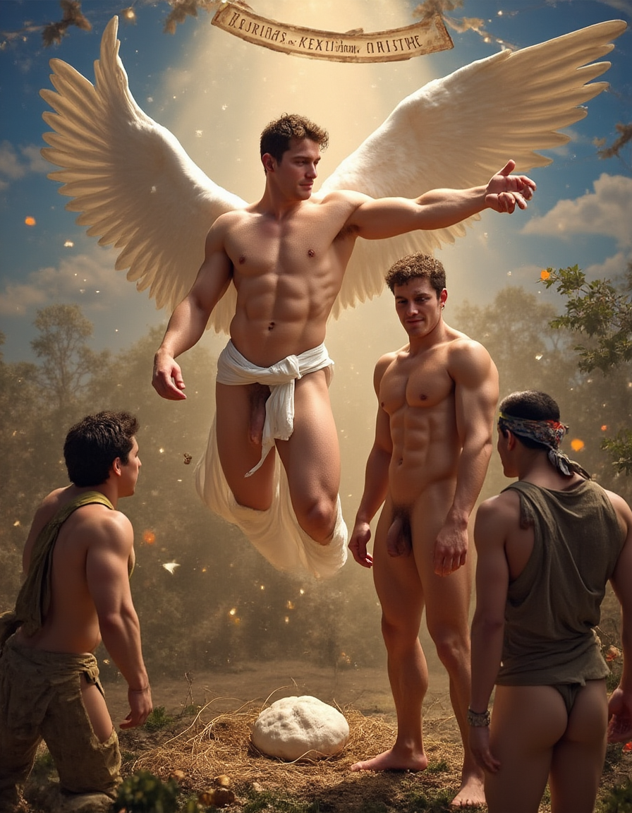 El arcángel San Gabriel es conocido como el ángel anunciador, está totalmente desnudo, tiene cuerpo de culturista, tiene un pene erecto de 35 cm de longitud y 9 cm de diámetro, tiene alas blancas, ondea en el aire una cinta con la inscripción latina: 