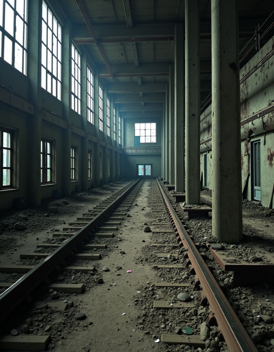 Nave industrial abandonada con una vía férrea interior que recorre el suelo polvoriento hasta el fondo del edificio, flanqueada por traviesas de madera, piedras, escombros y restos de obra. La luz fría entra por grandes ventanales altos alineados en la pared izquierda y por una ventana cuadrada al fondo, creando una atmósfera sombría y desolada. Columnas de hormigón sostienen el techo elevado, mientras las paredes deterioradas, con manchas de humedad, óxido y pintura desconchada, refuerzan la sensación de fábrica en ruinas, almacén ferroviario desuso y espacio industrial vacío, silencioso y decadente.