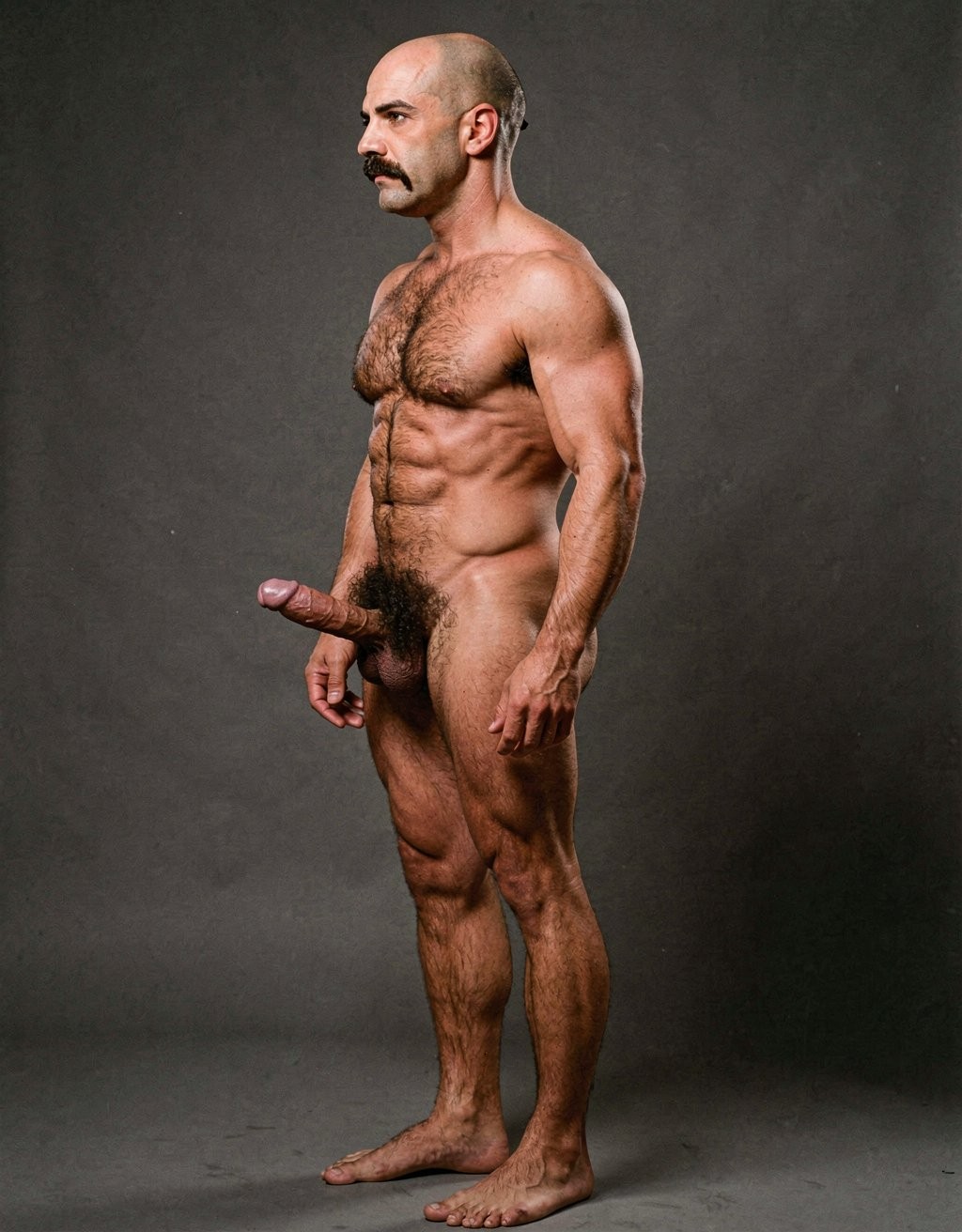 Mike Morris, a 32-year-old extremely lean Caucasian male with only 8% body fat, stands completely naked in a strict military attention pose captured in a full-body exact side profile at 90 degrees from his left side. The shot runs from the tips of his size 44 slightly hairy feet all the way up to the top of his bald head, showing his entire body without any cropping. His physique is dry, highly vascular and powerfully defined: massive square pectorals seen in perfect side silhouette, dense dark brown chest hair forming a thick T-pattern, sharply carved six-pack abs in clear profile, narrow waist, wide lats, powerful thighs and diamond-shaped calves. Dramatic directional studio lighting comes from high and slightly in front of him, creating strong rim lighting that traces the sharp outline of his entire body, the texture of his dense dark body hair on chest, lower back, ass and legs, and deep shadows that accentuate every muscle separation, vein and the extreme dryness of his 8% body fat physique. His advanced Norwood III-IV bald scalp shines under the light, with short dense dark brown hair on the sides and back of his head. His square angular face is shown in pure profile: strong jawline, prominent chin with slight central dimple, thick dark handlebar mustache, heavy brow and intense deep-set brown eye looking straight forward with a serious, commanding expression. His penis is fully visible in perfect side view, completely natural and realistic: thick, 24 cm long when fully erect, with a natural slight upward curve, prominent dorsal veins, long foreskin partially covering the pink-red glans, and realistic lighter skin tone. Below it hang his large, low-hanging testicles with wrinkled darker skin and dense dark brown hair. The extremely thick, curly dark brown pubic bush climbs almost to his navel and surrounds the base of his cock and balls generously. Every anatomical detail from his veined hands and forearms to his muscular ass, hamstrings, diamond calves and hairy toes is perfectly proportioned and free of any deformation. Photorealistic, high-contrast, masculine 1970s Colt Studio aesthetic with subtle grainy film texture.