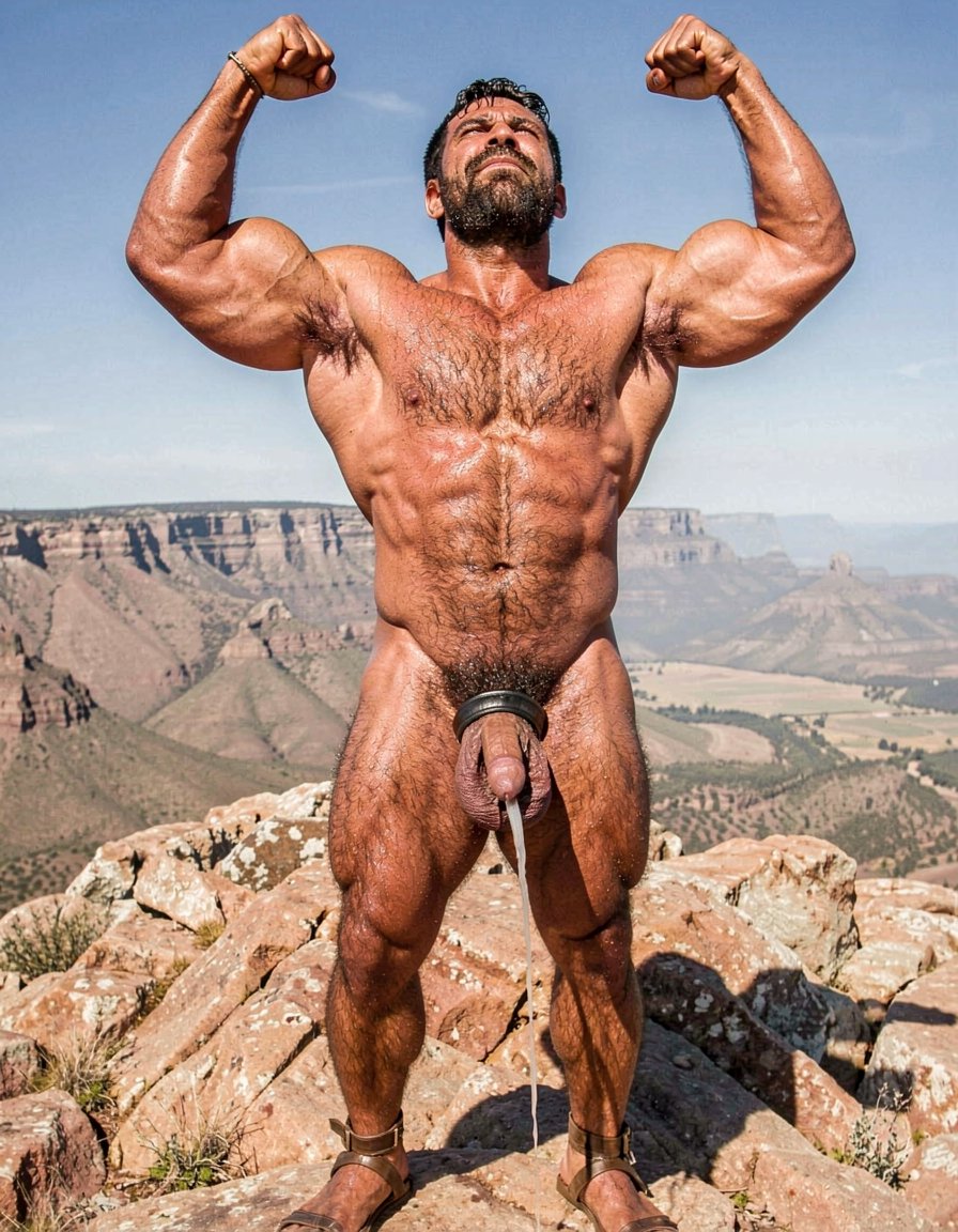 A hyper-masculine ancient Zapotec warrior named Cocijo, 26 years old, standing perfectly still under the brutal midday sun on the rocky summit of Cerro La Cantera in San Pablo Huitzo, Oaxaca, 600 AD. Completely naked except for worn leather strip sandals. Square jaw clenched, thick veiny neck, bronze skin drenched in sweat. Extremely powerful and fully flexed physique: massive square pectorals tensed to the maximum, thick dark wet chest hair matted against the hard muscle, large erect nipples. Deeply carved eight-pack abs glistening with sweat, thick black treasure trail running down to a dense dark pubic bush. Enormous arms raised and flexed hard overhead, biceps bulging like cannonballs with thick veins, triceps perfectly defined and tensed like horseshoes. Thick hairy thighs locked in full tension. His massive 35cm cock is rock-hard and throbbing violently, held tightly at the very base by Gayon Von Neumann’s strong hand, the swollen head continuously leaking thick white precum that runs down the shaft and over the fingers. A thick black leather cock ring is locked brutally tight at the root, behind his heavy balls, making the entire package look painfully swollen, darker and pulsing non-stop. Cocijo stares straight up with total obedience, every muscle in his body still tensed and displayed for inspection. Raw, dominant, extremely virile ancient masculine atmosphere, dramatic sunlight casting strong shadows on every ridge of muscle, hyper-realistic and extremely detailed.