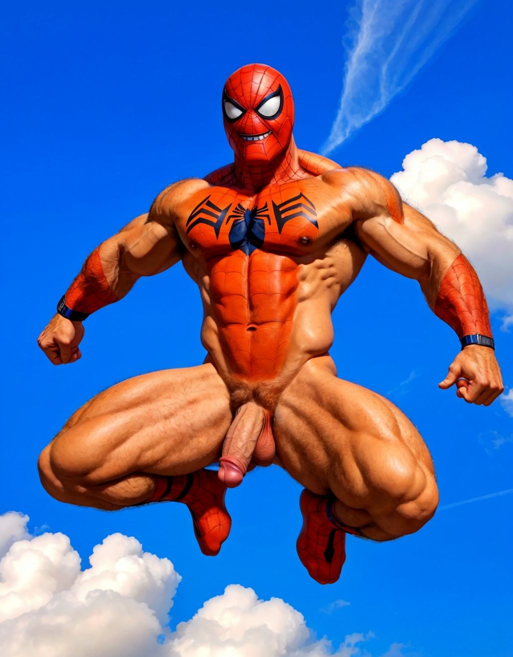 Spiderman velludo musculoso totalmente desnudo volando sobre una nube en el cielo azul. Tiene el pene grande. Tiene los testículos grandes y peludos. Volando. Está feliz. Tiene la piel limpia y húmeda. Tiene ojos verdes y dientes blancos.