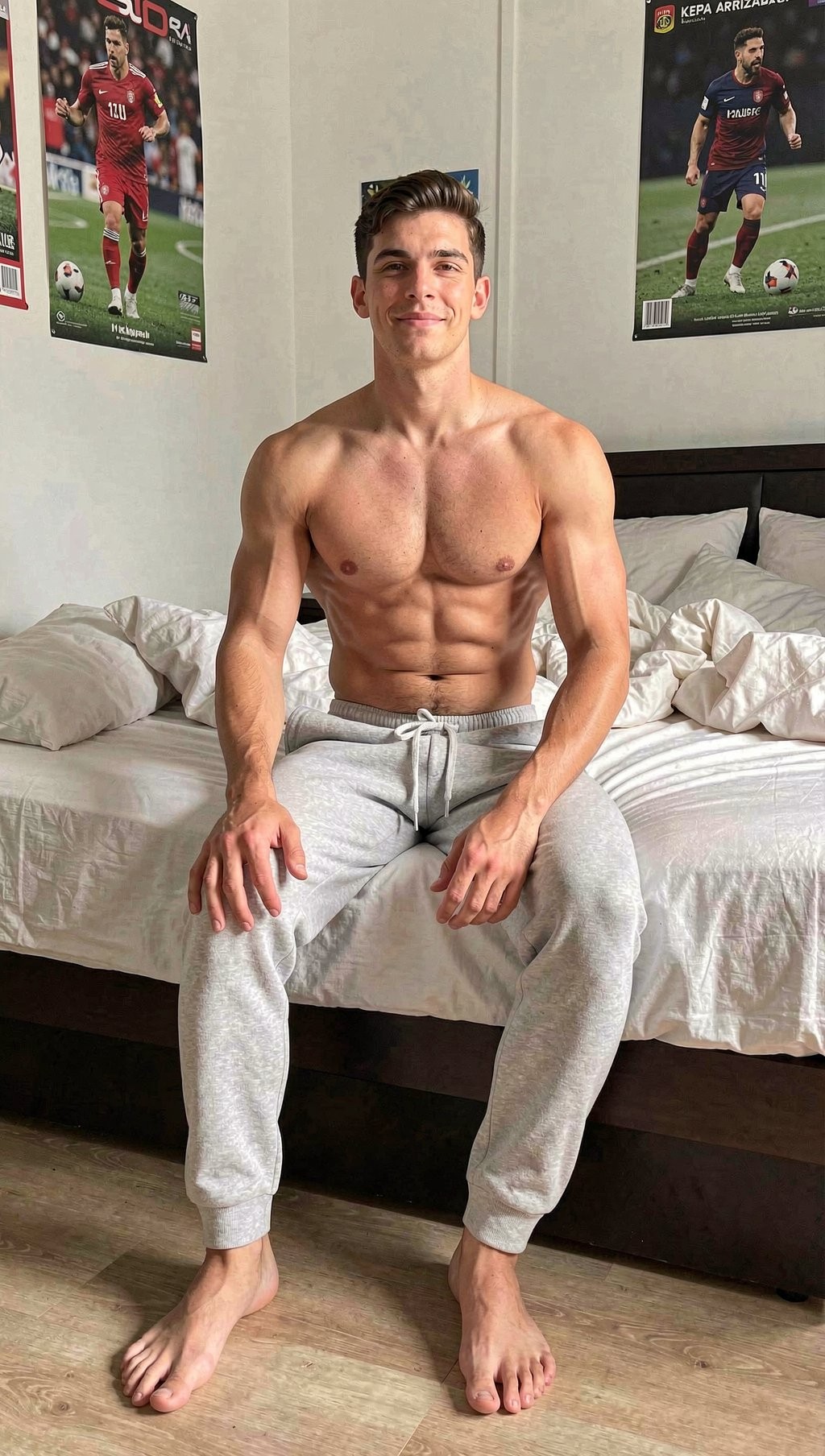 A young man poses sitting on the edge of an unmade bed, shirtless, with a muscular and defined torso, pronounced abs, bare chest, and athletic arms resting on his legs. He wears gray sweatpants with a white drawstring and is barefoot on a light wooden floor, looking at the camera with a slight smile and a relaxed attitude. The room has gray walls, wrinkled white bedding, and a dark headboard; in the background, football posters with players in action stand out, adding a sporty and personal atmosphere. The scene conveys a fitness, intimate, and casual aesthetic, centered on the athletic physique, the natural pose, and the youthful bedroom setting.