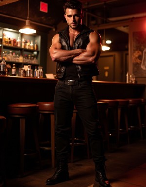 Hyper-masculine dominant man, late 30s, short dark hair, strong jaw with stubble, intense piercing dark eyes, broad shoulders, muscular chest with chest hair, wearing a tight black leather vest open at the chest, dark jeans, heavy black boots, standing with arms crossed in a dimly lit underground bar, dramatic side lighting casting hard shadows, raw gritty aesthetic, photorealistic, high detail, cinematic mood.