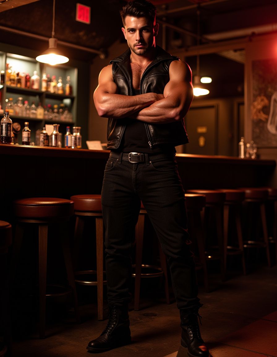Hyper-masculine dominant man, late 30s, short dark hair, strong jaw with stubble, intense piercing dark eyes, broad shoulders, muscular chest with chest hair, wearing a tight black leather vest open at the chest, dark jeans, heavy black boots, standing with arms crossed in a dimly lit underground bar, dramatic side lighting casting hard shadows, raw gritty aesthetic, photorealistic, high detail, cinematic mood.