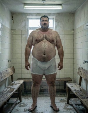 Un hombre maduro de 52 años, muy grande y gordo, posa de pie con slips blancos ajustados que marcan con claridad sus testículos muy gordos bajo la tela tensada. Se encuentra en un vestuario antiguo de azulejos crema, con bancos de madera húmeda, metal frío y un leve olor a jabón, sudor limpio y vapor. La luz principal entra lateralmente desde una ventana alta y es suave, difusa y fría, mientras un tubo fluorescente superior añade un relleno pálido que acentúa el volumen de su cuerpo y las sombras bajo la ropa interior. La escena tiene un tono íntimo, realista y fotográfico.