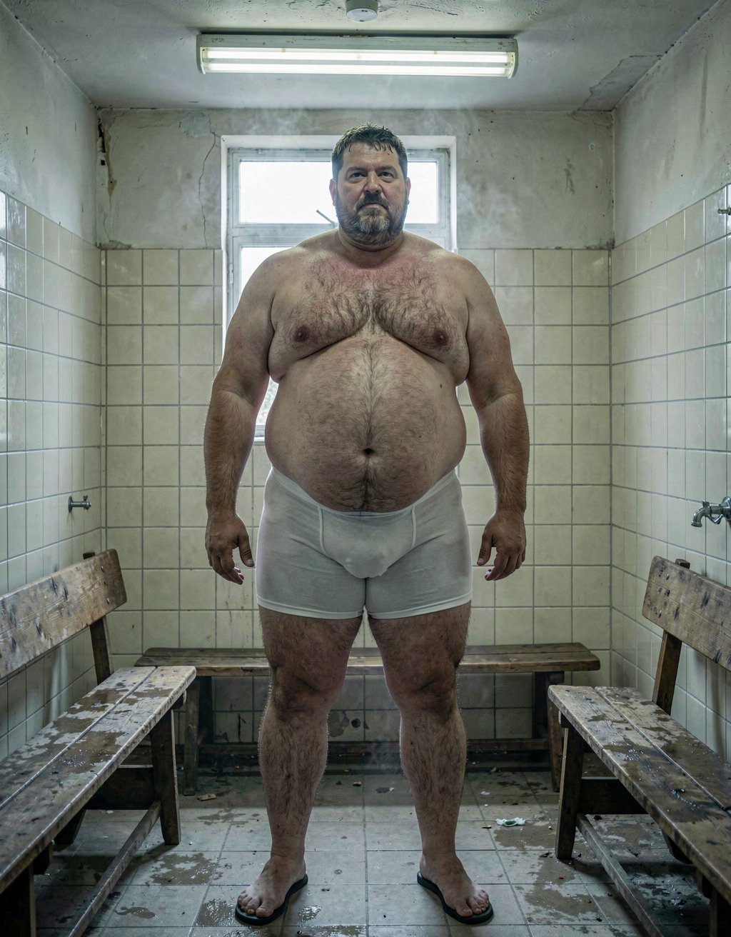 Un hombre maduro de 52 años, muy grande y gordo, posa de pie con slips blancos ajustados que marcan con claridad sus testículos muy gordos bajo la tela tensada. Se encuentra en un vestuario antiguo de azulejos crema, con bancos de madera húmeda, metal frío y un leve olor a jabón, sudor limpio y vapor. La luz principal entra lateralmente desde una ventana alta y es suave, difusa y fría, mientras un tubo fluorescente superior añade un relleno pálido que acentúa el volumen de su cuerpo y las sombras bajo la ropa interior. La escena tiene un tono íntimo, realista y fotográfico.