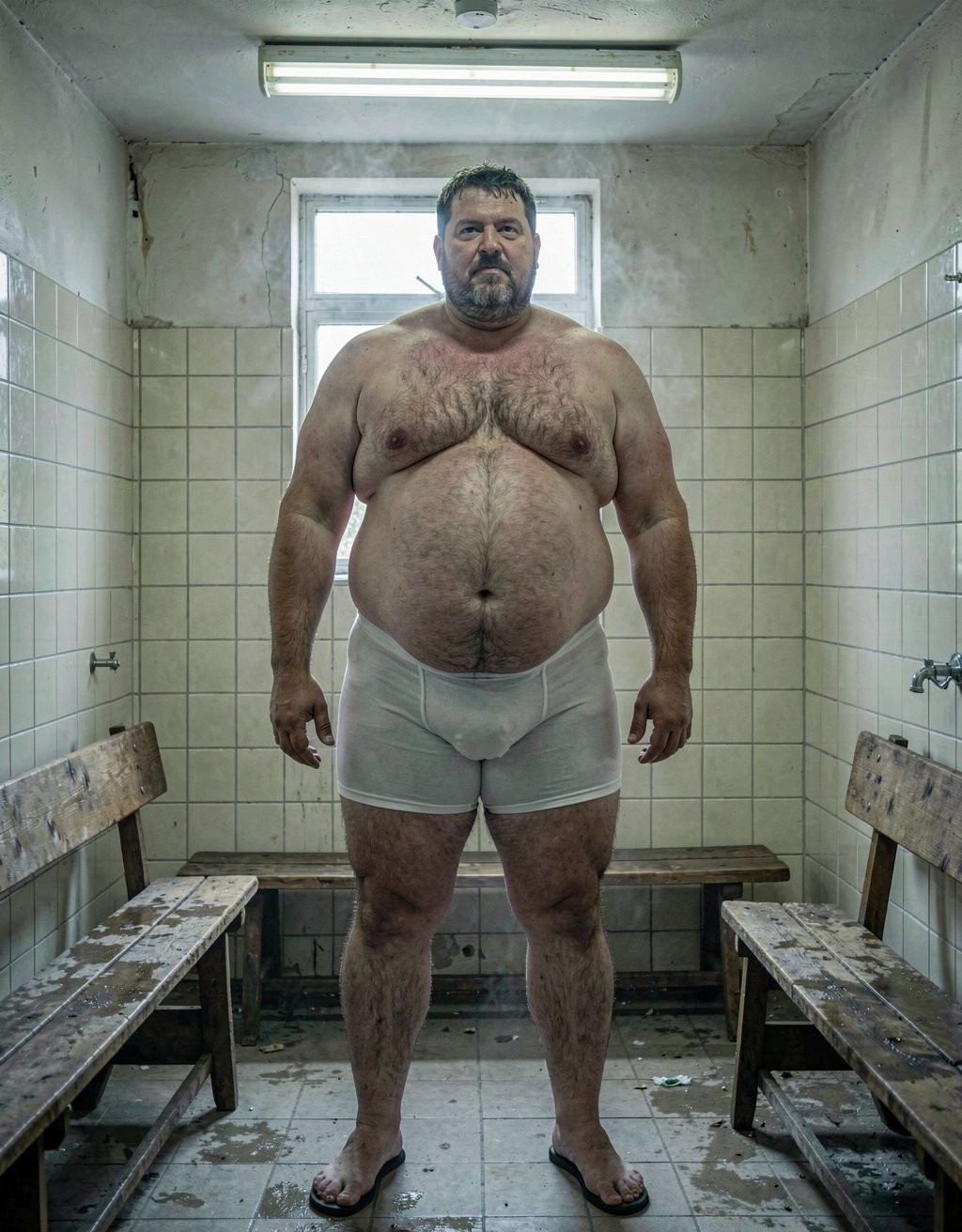 Un hombre maduro de 52 años, muy grande y gordo, posa de pie con slips blancos ajustados que marcan con claridad sus testículos muy gordos bajo la tela tensada. Se encuentra en un vestuario antiguo de azulejos crema, con bancos de madera húmeda, metal frío y un leve olor a jabón, sudor limpio y vapor. La luz principal entra lateralmente desde una ventana alta y es suave, difusa y fría, mientras un tubo fluorescente superior añade un relleno pálido que acentúa el volumen de su cuerpo y las sombras bajo la ropa interior. La escena tiene un tono íntimo, realista y fotográfico.