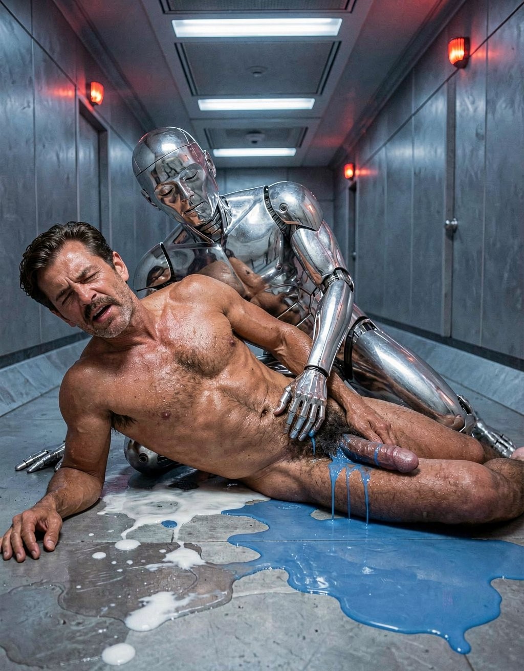 Tom Selleck y Robot. En el pasillo metálico del OVNI, bajo la luz fría azulada y las luces rojas de emergencia que parpadean lentamente, se muestra una fotografía de cuerpo entero, perfectamente nítida y anatómica.

Tom Selleck y el robot acaban de caer exhaustos al suelo metálico y yacen completamente tirados, abrazados y entrelazados.

Tom Selleck, de 35 años, 1,93 m, 80 kg y 8% de grasa, está tumbado de lado sobre el suelo frío. Su cuerpo bronceado en tono dorado-marrón medio está empapado en sudor y semen. El denso vello castaño oscuro cubre abundantemente su pecho musculado, abdomen marcado, pubis extremadamente poblado y negro, piernas y pies. Su polla de 22 cm, todavía semierecta y con forma totalmente realista, descansa sobre su muslo peludo, goteando los últimos restos de semen blanco espeso. Su cara, con el bigote en herradura, está girada hacia un lado, con expresión de agotamiento absoluto, boca entreabierta y respiración pesada.

El robot, de 1,99 m y 100 kg, está tumbado justo detrás de él, completamente pegado a su espalda en una postura posesiva. Su cuerpo de aleación cromada espejo, totalmente lampiño y sin un solo pelo, brilla con los reflejos de las luces. Un brazo metálico poderoso rodea la cintura de Tom, abrazándolo con fuerza contra su torso hipermasculino. Su polla de 26 cm, aún erecta y con forma anatómicamente realista, queda presionada entre los glúteos peludos de Tom, todavía goteando semen azul eléctrico brillante que se mezcla con el semen blanco de Tom y chorrea por los muslos velludos del hombre.

Ambos están totalmente tirados en el suelo del pasillo, abrazados de forma desordenada y agotada. El suelo metálico a su alrededor está lleno de charcos mezclados de semen blanco espeso y semen azul eléctrico. El contraste es extremo: el cuerpo caliente, sudoroso, peludo y exhausto de Tom Selleck contra la máquina fría, brillante, perfecta y sin vello que lo mantiene fuertemente abrazado incluso después de follarlo sin piedad.

La escena transmite cansancio absoluto, dominación y un abrazo posesivo tras el acto brutal.