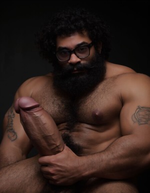 Fotografía hiperrealista de un hombre adulto musculoso a la vista desde las rodillas para arriba hasta la cabeza, rostro masculino idéntico a la imagen de referencia totalmente desnudo con polla erecta de treinta centímetros de longitud y ocho centímetros de diámetro, tiene rasgos marcados duros expresivos, barba densa poblada tupida oscura estilo hipster cubriendo completamente mandíbula mentón mejillas con grosor uniforme textura abundante muy definida, bigote denso tupido oscuro conectado perfectamente con la barba completa cubriendo completamente el labio superior, pelo oscuro medio peinado completamente recto hacia arriba con volumen considerable estilo hipster moderno quiff puntas verticales texturizadas hacia el cielo con altura prominente, cejas gruesas oscuras pobladas muy marcadas definidas, gafas de montura completa negra cuadradas grandes estilo hipster moderno sobre el puente de la nariz enmarcando unos ojos oscuros intensos que miran directamente a cámara con expresión seria penetrante confiada, expresión facial seria masculina sin sonrisa con mirada directa desafiante, pómulos marcados definidos angulares, nariz recta proporcionada, labios medios apenas visibles completamente cubiertos por bigote denso que conecta con la barba hipster completa, torso desnudo muy musculoso con pectorales enormes desarrollados y definidos y velludos peludos, hombros anchos musculosos deltoide prominentes, brazos musculosos con bíceps y tríceps marcados visibles a ambos lados del cuerpo, abdomen tonificado marcado visible desde la cintura, piel con textura realista detallada poros imperfecciones sutiles, vello corporal denso oscuro abundante cubriendo pectorales abdomen brazos hombros con textura natural masculina muy visible, tatuaje en tinta negra en el bíceps del brazo derecho con la palabra exacta a la vista: "hipsterbarba" en tipografía negra sans-serif clara legible tatuada sobre la piel del brazo de tamaño mediano visible proporcionado, iluminación dramática lateral direccional que crea contraste alto marcado entre luces brillantes y sombras profundas resaltando la estructura facial angular la barba hipster densa las gafas cuadradas grandes el vello corporal abundante la musculatura del torso los brazos y el tatuaje con la palabra a la vista: "hipsterbarba" en el bíceps derecho, fondo completamente oscuro negro liso uniforme desenfocado sin distracciones, fotografía de alto contraste con grano fotográfico sutil visible estilo retrato hipster masculino fitness, enfoque nítido absoluto perfecto en el rostro especialmente en los ojos detrás de las gafas la barba hipster densa el bigote tupido el pelo vertical el vello corporal el torso musculoso y el tatuaje con la palabra a la vista: "hipsterbarba" en el brazo derecho, encuadre vertical desde la cintura hacia arriba mostrando completamente la cintura abdominales marcados y definidos todo el torso superior los brazos musculosos y la cabeza, calidad fotográfica hiperrealista 8K máxima definición detalle extremo, renderizado cinematográfico fotorrealista profesional. Está totalmente desnudo.