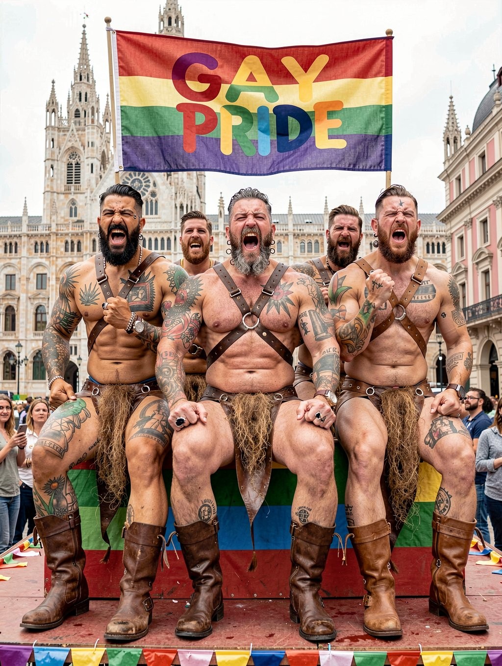 Cinco hombres musculosos y tatuados posan con actitud enérgica sobre una plataforma roja durante una celebración del orgullo gay, con el torso desnudo, arneses de cuero, botas altas marrones y prendas mínimas de estilo tribal o fetichista que cubren la entrepierna. Detrás de ellos ondea una gran bandera arcoíris con el texto “GAY PRIDE” en letras grandes y coloridas, reforzando el ambiente festivo, reivindicativo y LGBTQ+. La escena transcurre en una plaza urbana llena de público, frente a una catedral gótica de torres puntiagudas, lo que crea un contraste llamativo entre la arquitectura histórica y la estética leather, bear y pride de los participantes.