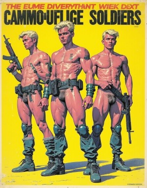 Dibujo tipo cómic en color. Carátula de una cinta vhs de los años 80, en ella se ve tres hombres musculosos rubios  totalmetne desnudos, solo llevan cartucheras, ristras de balas  en el cuerpo y rifles en la mano, el título de la película es Camouflage Soldiers. 