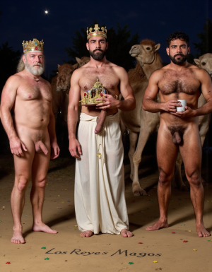 Los Reyes Magos:
Melchor es un hombre de 60 años, tiene una larga cabellera, tiene barba blanca, es de Europa. Está totalmente desnudo pero lleva corona de rey 👑, en sus manos lleva un cofre con oro. Tiene un cuerpo con músculos marcados y definidos. Tiene un pene erecto de 36 cm de longitud y 7 cm de diámetro. Tiene mucho vello corporal blanco.

Gaspar es un hombre de 30 años con rasgos asiáticos y una barba rubia, está totalmente desnudo pero lleva una corona de rey 👑, tiene un cuerpo atlético y vigoroso, tiene mucho vello corporal rubio, tiene una bandeja con incienso en sus manos.
Baltasar es un hombre de 45 años de edad proviene de África, tiene piel oscura, es moreno, lleva un tarro de mirra. Tiene cuerpo atlético con músculos muy marcados, tiene mucho vello negro rizado por todo el cuerpo, su cabello es abundante rizado y negro, tiene una barba negra abundante, tiene un enorme pene erecto de 40 cm de longitud y 9 cm de diámetro.
En el fondo hay tres camellos y la estrella de Oriente, y muchas pequeñas estrellas de colores. En el suelo está escrito: “Los Reyes Magos” en español.