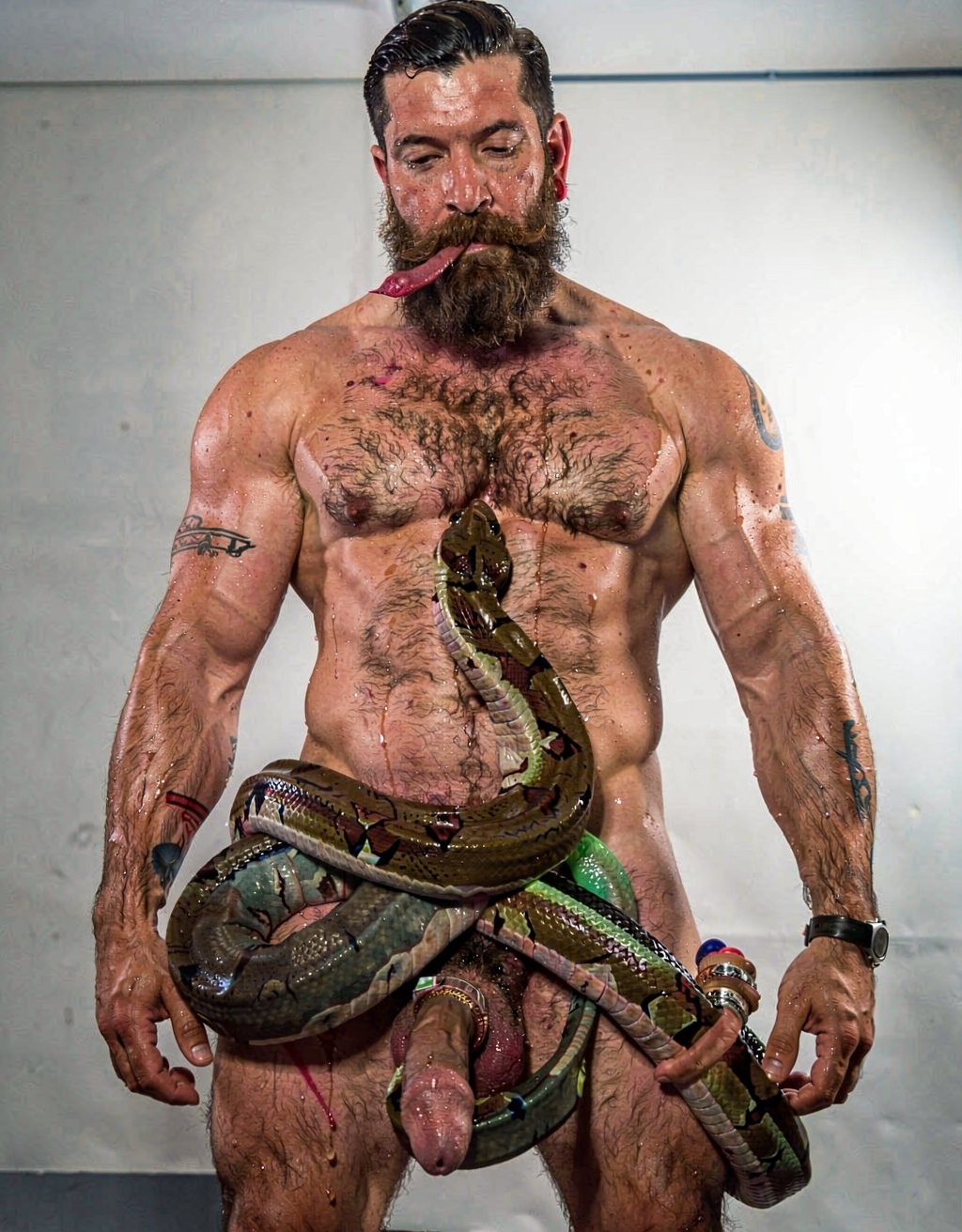 A powerful muscular 40-year-old Greek man named Dimitris with an athletic hairy body, dense dark fur covering his broad chest, powerful thighs and groin, heavy thick dark beard, strong masculine features and sweaty tanned skin stands completely naked with an intense aroused expression, veins visible on his arms and legs. A large glossy python with shiny black and iridescent emerald green scales has reached his thick hairy right thigh and is accelerating its urgent sinuous pace, long forked tongue flicking rapidly and repeatedly out of its mouth tasting the thick heavy air saturated with raw masculine sweat and testosterone. The snake’s thick powerful muscular body slides deliberately between his hairy legs and coils extremely tightly around his heavy low-hanging balls with multiple hot firm rings, completely enveloping the testicles in a possessive grip, squeezing them hard and lifting them upward with slow rhythmic constricting pulses that make the scrotum skin stretch tightly and glisten with sweat under the intense pressure. Dramatic cinematic side lighting with strong specular highlights on the glossy scales and beads of sweat rolling down the hairy skin, deep shadows emphasizing every muscle and scale, intense erotic tension mixed with subtle danger, ultra detailed, photorealistic, sharp focus, rich textures, cinematic atmosphere.