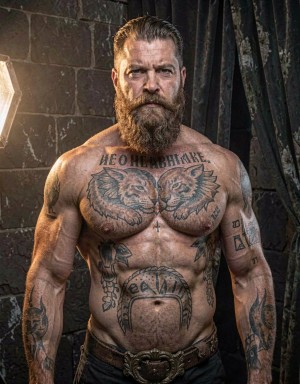 Un hombre desnudo y tatuado posa con porte dominante como un guerrero antiguo, mostrando una anatomía adulta explícita y un cuerpo musculoso de presencia imponente. Se encuentra en una estancia de piedra oscura, rodeado de telas pesadas, metal envejecido y superficies frías que evocan un salón ritual. Su barba espesa enmarca un rostro seguro, y sus ojos felinos sostienen una mirada intensa hacia la cámara. Sus pectorales amplios, pezones marcados y tatuajes densos recorren la piel como símbolos sagrados. La iluminación es dramática y lateral, con una fuente cálida tipo softbox a 45 grados que esculpe el torso, hunde sombras bajo los músculos y deja reflejos suaves sobre la piel. El ambiente es serio, poderoso y cinematográfico, con estética de retrato épico adulto.