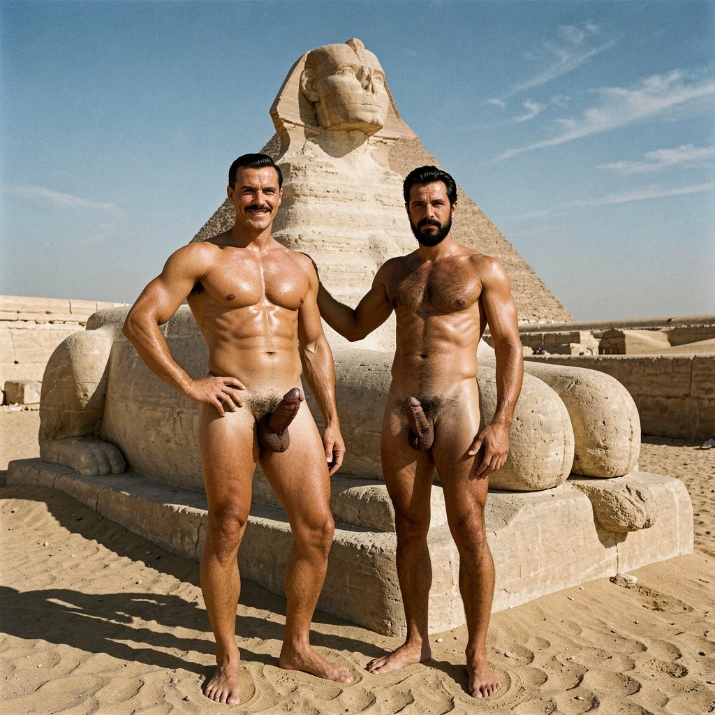 Full-body photograph of two naked men standing at the base of the Great Sphinx of Giza, Egypt, 1938. Midday desert sun casting long shadows on the sand. Perfect full-body composition from bare feet up to the tops of their heads. Zero deformations.

Foreground left: Errol Flynn, 30 years, 1.86 m, 80 kg, lean athletic build, smooth hairless golden-bronze torso, one hand resting casually on his hip, the other touching the stone flank of the Sphinx. Jet-black hair slicked back with brillantina, thin black mustache, arrogant half-smile. His uncircumcised cock hangs semi-erect, foreskin partially retracted, dense black pubic hair.

Foreground right: Masri, 30 years, 1.72 m, 75 kg, compact dense build, one palm pressed flat against the limestone body of the Sphinx, the other hand hanging relaxed. Thick black chest hair matted with sweat, olive-cetrina skin dark and glossy, thick black beard and mustache, reverent expression. His circumcised cock hangs forward semi-erect, thick shaft with large mushroom glans, heavy testicles.

Both men face the camera, standing close together, their bodies lit by the harsh desert sun, shadows stretching behind them across the sand.

Background: The Great Sphinx dominates the frame behind them — massive recumbent lion body carved from the bedrock, weathered limestone, missing nose, cracked lips, headdress and uraeus still visible, the body rising to the height of several men. Beyond and to the sides: the Pyramid of Khafre (Kefrén) rises in the background, its white casing gleaming at the top, the Pyramid of Menkaure (Micerinos) further right, blue sky with a few wispy clouds, empty desert horizon, golden sand. No other people.

Hyperrealistic photography, extreme detail on muscles, chest hair, sweat, cocks, weathered limestone, Sphinx features, dramatic desert lighting, film grain 1930s, zero deformations, natural lighting.