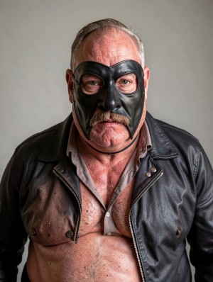 Hombre mayor de complexión robusta mirando fijamente a la cámara con expresión seria e intensa, vestido con una máscara negra de cuero que cubre gran parte del rostro y deja visibles los ojos, la frente, la boca y el bigote gris. Lleva una chaqueta de cuero negra abierta con cremalleras metálicas y una camisa gris desabrochada que deja al descubierto el pecho velludo y el abdomen. El pelo corto y canoso, la piel enrojecida y la postura frontal refuerzan una estética dura, dominante y fetichista, con un fondo gris liso de estudio que centra toda la atención en el retrato, el cuero, la máscara y la presencia imponente del sujeto.