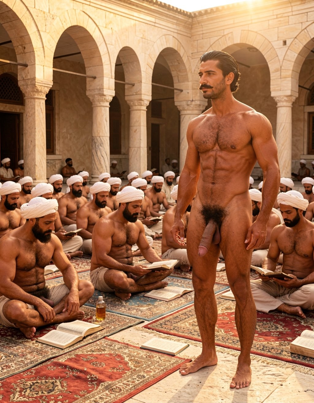 Un hombre desnudo y musculoso permanece de pie en el centro de un patio porticado de piedra, con el torso marcado, vello en el pecho y el pubis, y el pene visible, mientras mira hacia un lado con expresión serena y bigote oscuro. A su alrededor, numerosos hombres sentados sobre alfombras orientales llevan turbantes blancos y prendas claras en la cintura, leyendo libros abiertos en un ambiente que recuerda a una escuela religiosa o patio histórico con arcos, columnas y luz cálida de atardecer. La escena combina arquitectura islámica, estudio colectivo, manuscritos, alfombras rojas y una composición llamativa por el contraste entre la desnudez central y la actitud concentrada del grupo.