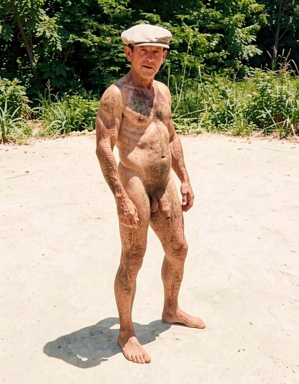 An older naked man stands on a light surface of cement or compacted sand, under intense sunlight, wearing a beige flat cap as his only garment. His thin, aged body shows tanned skin, wrinkles, spots, body hair, and a visible penis in a relaxed frontal posture, with no sexual attitude. He looks toward the camera with a serious expression, his arms hanging beside his torso and his bare feet casting a sharp shadow on the ground. In the background there is dense vegetation, tall grass, and green trees, creating a natural, summery outdoor setting.