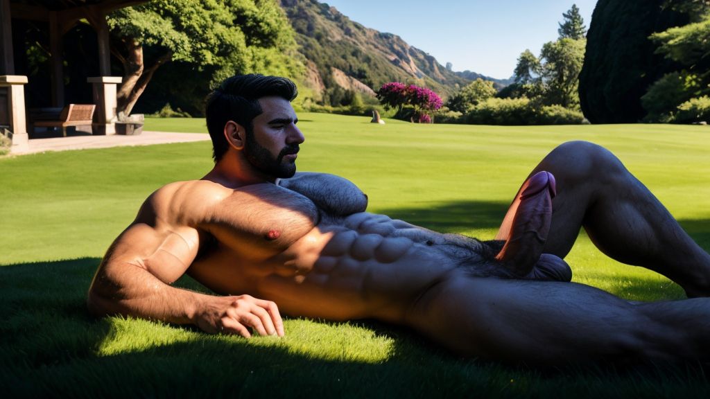 Dos hombres musculosos de 35 años de edad, desnudos, están acostados en una alfombra sobre el césped a plena luz del día. Tienen pene grande y perfecto. Iluminación con luz clara del amanecer. Están enseñando el esfínter de su ano. Tienen músculos muy definidos y tienen mucho vello. Tiene el esfínter del ano iluminado. Los cuerpos de los dos hombres son perfectos con pene grande y erecto