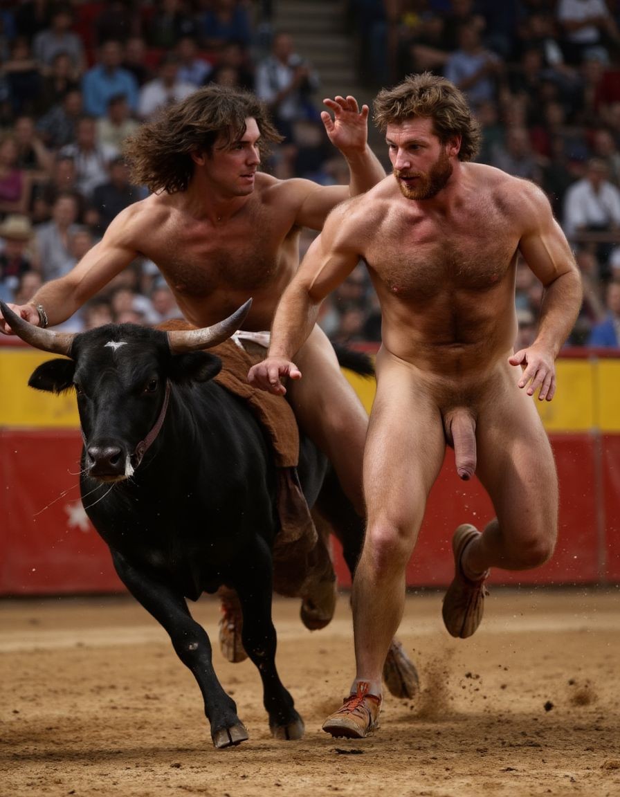 Un torero español musculoso y velludo de 50 años, con torso atlético y marcado, se muestra completamente desnudo, destacando su pene de 30 cm de longitud y 5 cm de grosor, perfectamente formado y rodeado de un denso vello púbico castaño oscuro. Sus testículos, perfectamente formados, cuelgan de forma prominente. La piel bronceada y sudorosa resalta su musculatura definida, con pectorales y abdominales bien marcados y sin grasa. El cabello largo y castaño oscuro está despeinado y sudoroso, con gotas de sudor resbalando por su frente y mejillas. Una barba incipiente y un vello corporal denso que se extiende por su pecho, piernas y brazos completan su apariencia viril. Lleva sandalias marrones en sus pies.

A su lado, un hombre musculoso y velludo de 30 años, completamente desnudo, muestra un pene erecto de 30 cm de longitud y 4 cm de grosor, hermoso y perfecto, rodeado de un denso vello púbico pelirrojo. Su piel bronceada y sudorosa muestra una musculatura definida, con pectorales y abdominales muy marcados. Tiene cabello pelirrojo despeinado y sudoroso. Tiene una barba pelirroja densa pero bien recortada. El vello corporal pelirrojo denso cubre su pecho, y tiene mucho vello pelirrojo en sus piernas y brazos, lo que realza su apariencia masculina y atlética. Están corriendo en la plaza de toros con un toro

Ambos hombres se encuentran en una plaza de toros, con sombras que resaltan su musculatura y vello corporal, creando un ambiente sensual y cargado de tensión. Están en pleno acto de pasión, con sus penes erectos y testículos prominentes ,destacando su musculatura, vello corporal y atributos viriles en una imagen impactante y llena de energía. La escena está llena de sensualidad y poder, con los dos hombres como protagonistas, en un ambiente cargado de pasión y erotismo. La imagen es híper realista, con detalles de alta calidad, y muestra la unión de los dos hombres en un acto de pasión y dominio, con sus cuerpos musculosos y velludos completamente desnudos y visibles, mostrando su excitación y pasión en cada detalle. Tienen sus penes erectos, desde la uretra del glande del pene eyaculan semen blanco lanzado en abundancia. Están totalmente desnudos. Tiene un pene de 30 cm de longitud y 5 cm de diámetro.
