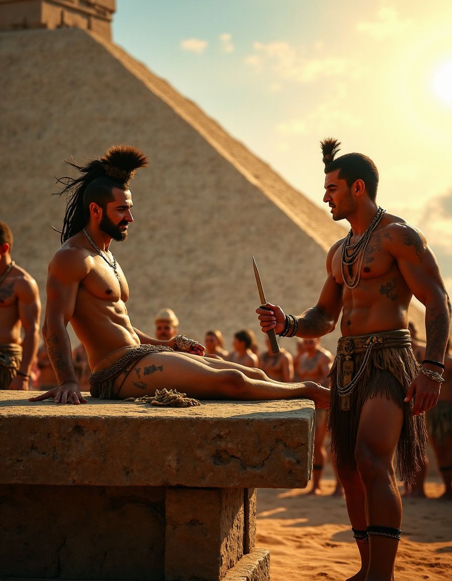 Dos guerreros mesoamericanos semidesnudos protagonizan una escena ritual al atardecer junto a una gran pirámide de piedra, con luz dorada y polvo en el ambiente. Uno de ellos está sentado sobre un altar rectangular de piedra, apoyado con las manos detrás del cuerpo, el torso musculado al descubierto, tatuajes visibles y un taparrabos tejido que cubre la pelvis; lleva el pelo recogido en una cresta alta con mechones laterales y adornos de cuentas. Frente a él, otro hombre de complexión fuerte, también con cresta, collares, brazaletes, tatuajes y falda de fibras, sostiene un cuchillo ceremonial mientras lo mira con actitud solemne. Al fondo aparecen otros hombres y figuras desenfocadas, reforzando el contexto de ceremonia indígena, sacrificio ritual, templo antiguo y cultura prehispánica.