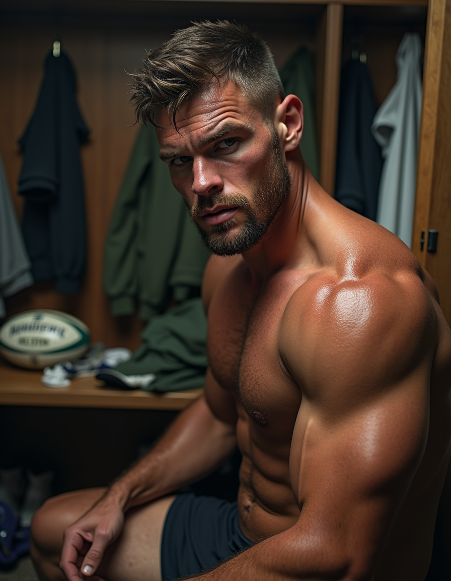 Un hombre musculoso y sin camiseta está sentado en un vestuario deportivo, con el torso definido, los hombros brillantes por el sudor y una expresión seria e intensa dirigida hacia la cámara. Lleva pantalón corto oscuro y muestra brazos fuertes, abdominales marcados y barba recortada, con el pelo despeinado de estilo atlético. Al fondo aparecen taquillas de madera abiertas con ropa colgada, sudaderas y prendas desordenadas sobre el banco, además de un balón de rugby visible a un lado, lo que refuerza el ambiente de equipo, entrenamiento, gimnasio y competición física.