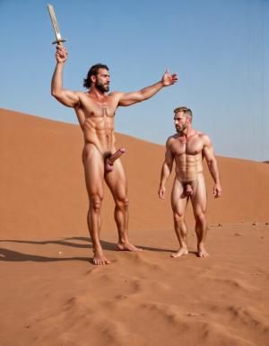 Enrique es un hombre muy delgado de 50 años, tiene cabello largo con canas blancas, tiene barba blanca abundante y larga. Está totalmente desnudo, en sus manos lleva una espada de oro alzada hacia el cielo. Tiene un cuerpo muy delgado con músculos marcados y definidos. 💪🏼. Tiene un pene erecto de 36,8 cm de longitud y 7,9 cm de diámetro. Tiene mucho vello corporal blanco que cubre su pecho brazos y piernas. Está en la arena del desierto entre grandes dunas de arena color terracota.

Federico es un hombre delgado de 32 años con una barba rubia oscura abundante , está totalmente desnudo, tiene un cuerpo atlético y vigoroso, tiene mucho vello corporal rubio oscuro que cubre su pecho y también sus brazos y sus piernas, tiene una barba muy poblada de pelo rubio oscuro. Federico está en la arena del desierto. Tiene un pene erecto de 35,5 cm de longitud y 8,8 cm de diámetro que sobresale por encima de sus testículos que están a la vista y son muy peludos. Penes están erectos y excitados sexualmente.
