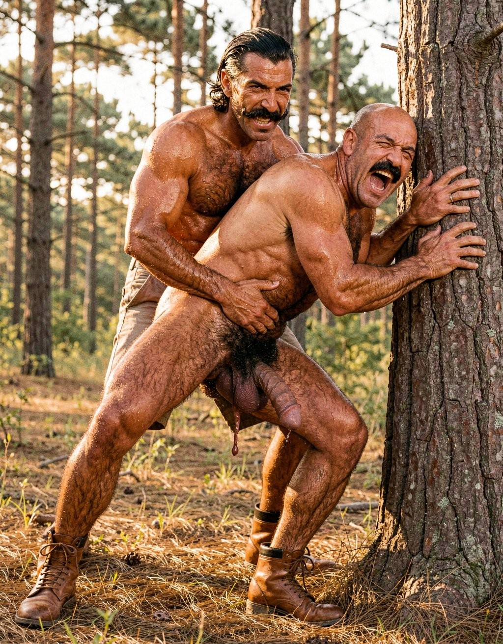 Paul Storr y Mike Morris. A raw, hyperrealistic 1970s Colt Studios style photograph taken in a sunny pine forest clearing during golden hour. Full body composition from the soles of their worn brown leather work boots all the way to the top of their heads. Natural cinematic perspective, immersive, perfect anatomy, flawless proportions, no deformities, no distortion, anatomically correct in every detail.

Paul Storr, 28 years old, bronzed golden-brown Mediterranean skin, extremely dense dark brown almost black body hair covering his entire chest, thick abs, shoulders, arms, back and a very thick black pubic bush, thick seventies mustache, square jaw, dark intense eyes, hair combed back with long sideburns, muscular but natural rugged body, is standing behind Mike Morris and brutally fucking him. Paul’s thick, veiny, realistic cock is buried balls-deep inside Mike’s hairy ass, clear visible deep anal penetration with stretched hole, no censorship.

Mike Morris, 32 years old, advanced Norwood III-IV shiny bald head, thick dark handlebar mustache, powerful muscular body with dense dark hair in a T-pattern on his massive pecs and abs, very thick pubic bush, is bent forward against a pine tree with both hands on the trunk, legs spread wide, pushing his ass back onto Paul’s cock with raw animal lust. Mike’s own massive 24cm thick cock hangs heavy and leaks precum between his legs.

Both men are covered in sweat that glistens in the golden sunlight, expressions of pure savage pleasure: Paul biting his lip while thrusting hard, Mike with mouth open moaning like a beast. Extreme body hair detail, heavy swinging balls, visible precum and sweat, brutal raw fucking, masculine aggression and pleasure, extremely detailed textures of hair, skin, sweat and stretched anus. Warm golden side lighting, film grain, pure uncensored Colt Studios 1970s masculine porn aesthetic, masterpiece.