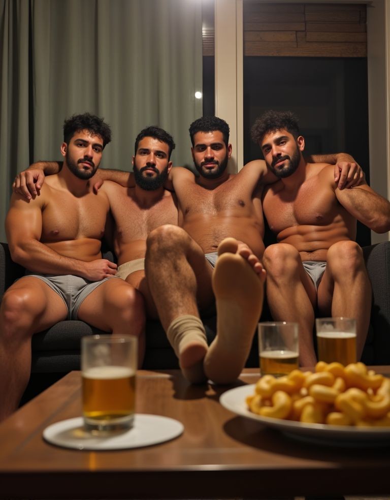 En la escena (((se ve de frente de cuerpo completo))) a cuatro hombres españoles hípters hipermasculinos musculosos viendo un partido de fútbol una tarde en casa, hace calor y se han ido quitando ropa quedando en calzoncillos, beben cerveza y comen snacks grasientos. Se abrazan fuertemente  riendo ante la llegada de un gol. Tienen los pies sobre la mesa con los calcetines sucios. 