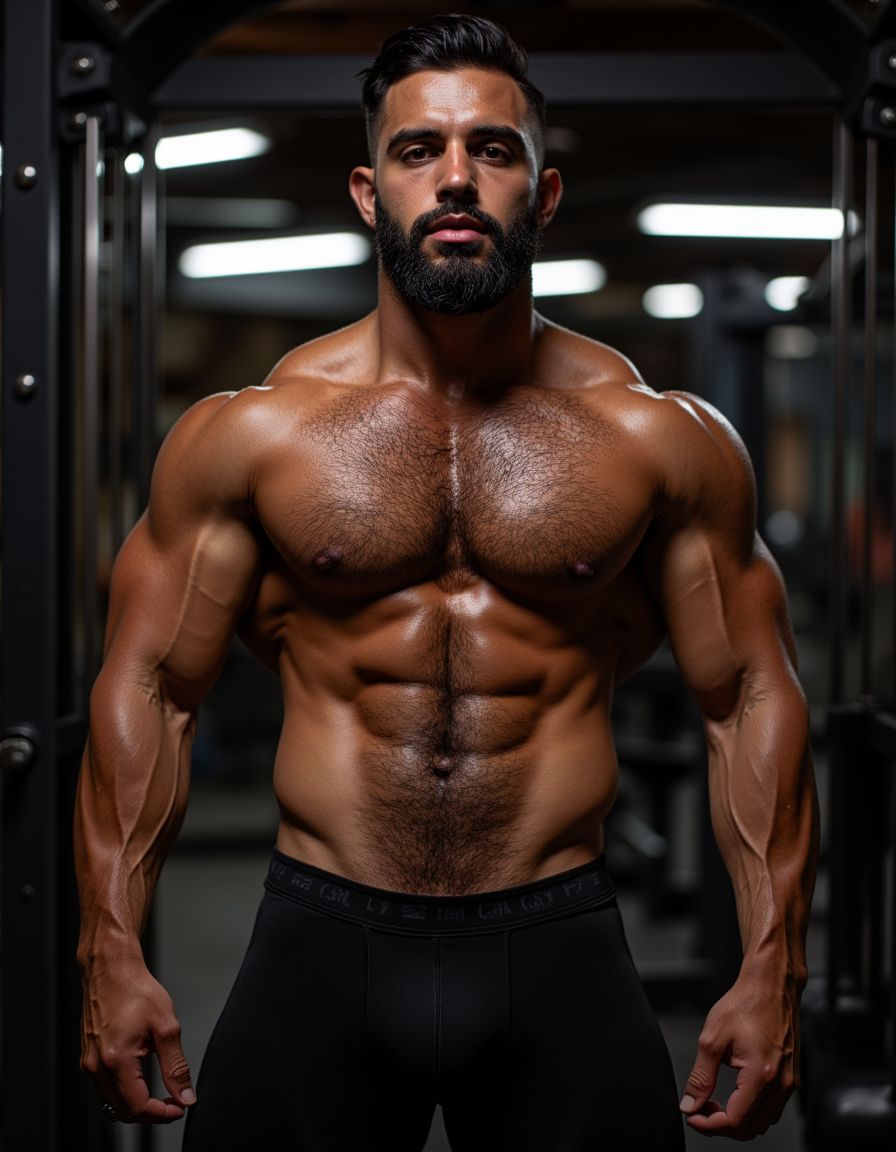 Hombre mexicano musculoso de 30 años, torso desnudo, pectorales grandes y peludos, músculos definidos, abdominales marcados, brazos gruesos, vello oscuro en pecho y abdomen, piel morena, pelo negro corto, barba recortada, expresión dominante y segura, mirando directo a cámara, iluminación dramática de gimnasio, sudor brillante en la piel, pantalón deportivo negro ajustado, pose masculina y poderosa, fotografía hiperrealista, calidad 8K.