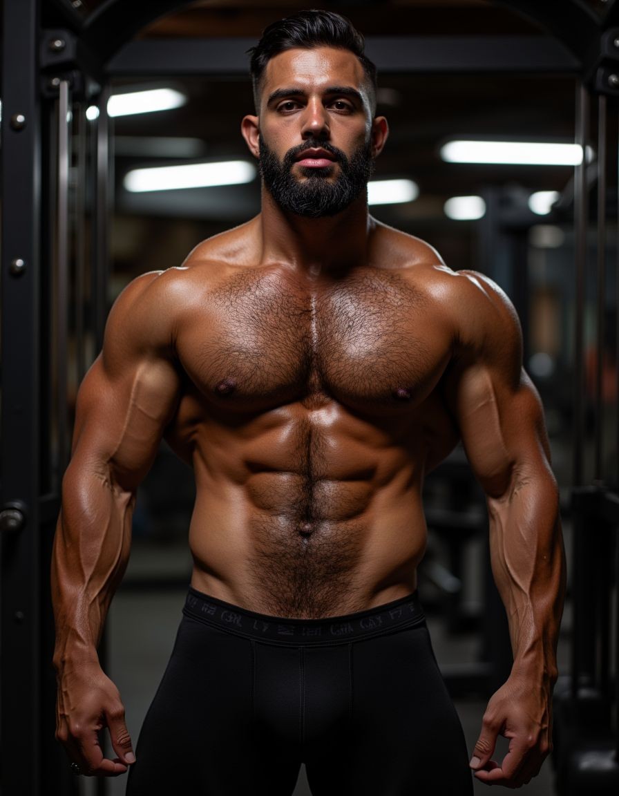 Un hombre musculoso y con barba posa de frente en un gimnasio, con el torso desnudo iluminado por luces intensas que resaltan el pecho, los abdominales marcados, los hombros anchos y los brazos vascularizados. Lleva el pelo corto y peinado hacia atrás, expresión seria y mirada directa, transmitiendo fuerza y disciplina. Viste una prenda negra ajustada tipo bóxer o malla deportiva, mientras el fondo oscuro con máquinas de entrenamiento, estructuras metálicas y luces desenfocadas crea un ambiente de fitness, culturismo y entrenamiento de fuerza, destacando la definición muscular y el físico atlético.