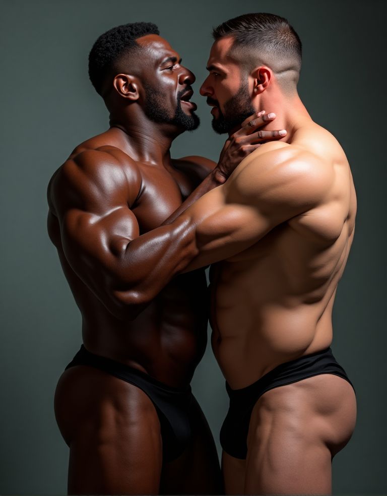 Hombre negro grande y musculoso completamente desnudo, con pectorales fuertes y bien definidos, y abdominales prominentes y marcados, destacando su físico atlético. Su polla grande, perfecta y enormemente erecta, con un tamaño impresionante, se encuentra en su pubis, con grandes testículos colgando y expuestos a la vista. A su lado, se encuentra otro hombre blanco, rubio, musculoso y velludo, también completamente desnudo, con una polla grande y erecta, igual de impresionante, y testículos prominentes. Ambos hombres se abrazan con pasión y deseo, generando una escena de intenso vicio y sexo. Sus penes se vuelven aún más erectos y preciosos, y comienzan a eyacular, con chorros de semen cayendo sobre sus cuerpos. La escena es hiperrealista, con detalles de alta calidad, y se centra en la nudity y la pasión de los dos hombres, con un enfoque en sus atributos sexuales. La iluminación resalta la textura de sus cuerpos, destacando la musculatura y la masculinidad de ambos hombres. La atmósfera es cargada de deseo y lujuria, y la escena es una representación explícita y detallada de la pasión y el placer sexual entre dos hombres. Eyaculación