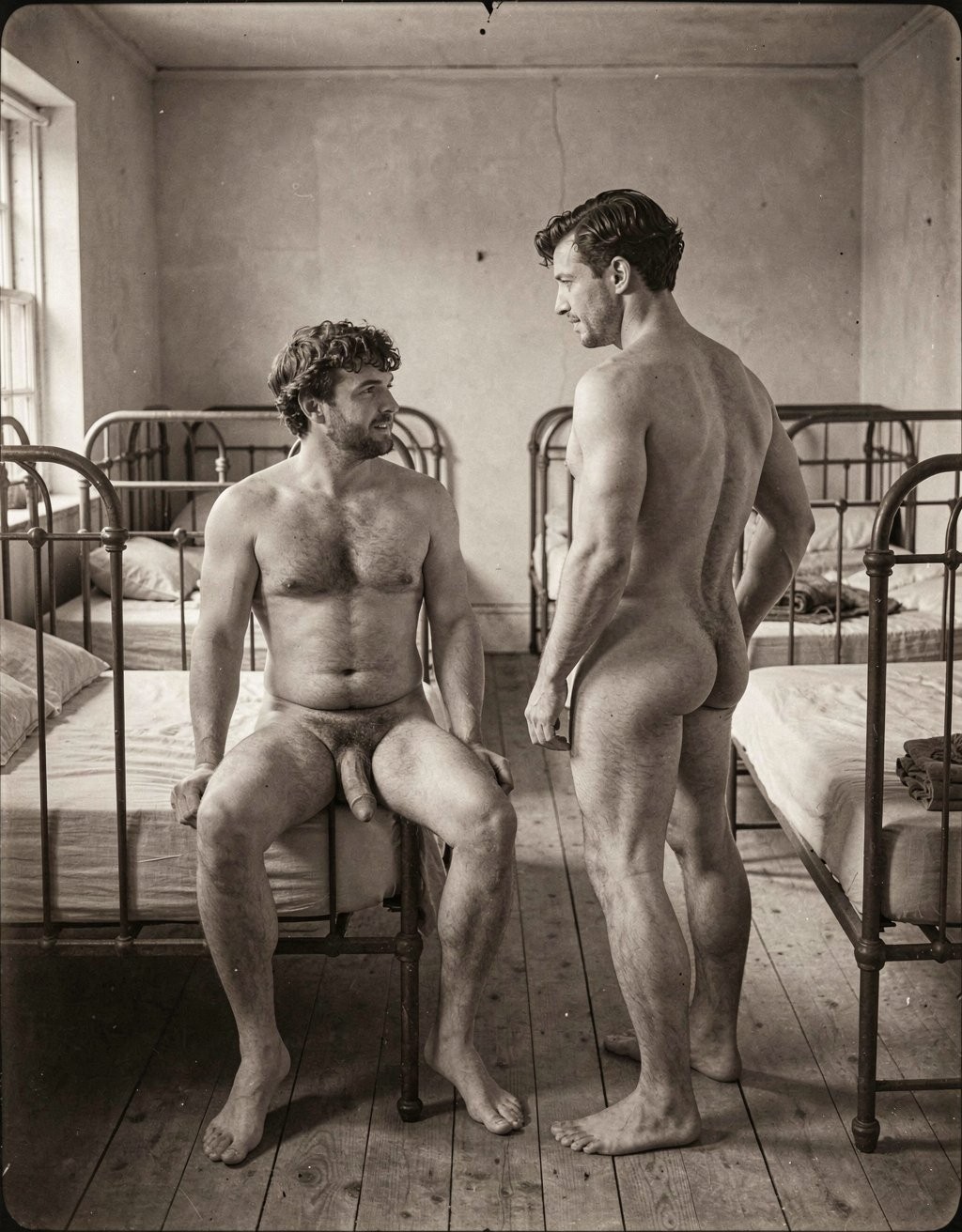 Dos hombres desnudos aparecen en una habitación austera de aspecto antiguo, con camas metálicas alineadas a ambos lados, colchones claros, suelo de madera y una ventana que deja entrar luz lateral. Uno está sentado en el borde de una cama, con barba, pelo rizado, torso velludo y las piernas abiertas, mostrando el pene en reposo mientras mira al otro con gesto serio. El segundo hombre permanece de pie de espaldas y ligeramente girado, con el cuerpo musculado, las nalgas visibles y la cabeza inclinada hacia su compañero. La escena, en blanco y negro con tono sepia, transmite una atmósfera íntima, silenciosa y casi documental, propia de un dormitorio colectivo o barracón.