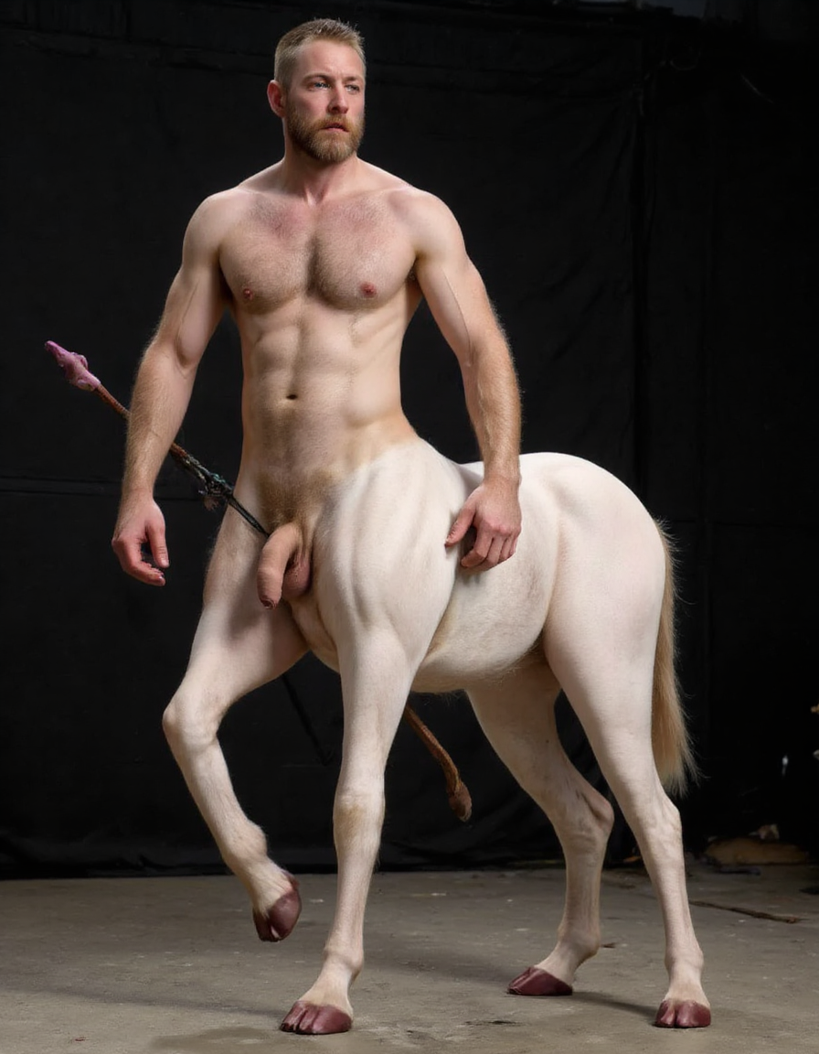 Caballo totalmente desnudo cuerpo entero con polla gigante y huevos gordos entre las patas traseras 🫏, es un macho viril. Tiene cabeza de hombre con torso peludo musculado y brazos peludos musculosos. Es un centauro masculino.