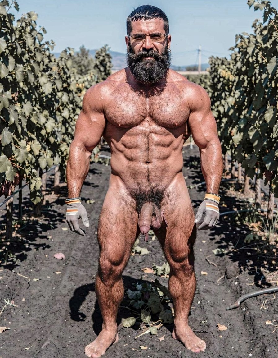 A hyper-realistic full-body vertical photograph taken in harsh midday Santorini sunlight over black volcanic soil between rows of Assyrtiko vines. Dimitris, 32, stands completely naked except for grey work gloves with yellow and white stripes, feet planted wide apart on the dark earth, toes gripping the soil. Shot from a low frontal angle so every inch from his big dirty feet to the top of his head is visible without cropping. His body is at 5% body fat, extremely muscular competition physique: huge veiny traps and shoulders, massive hairy pecs, eight-pack abs partially covered by dense black curly body hair that runs from his neck all the way down to his toes. Extremely thick black pubic bush, massive thick veiny Greek cock rock-hard and pointing upward almost touching his abs, swollen purple glans shiny with precum, a long clear drop hanging from the slit. Heavy low-hanging hairy balls. Thick black hair covers his powerful thighs, calves and feet. His face is pure predator: long thick connected black beard and mustache, short jet-black hair with shaved sides, dark intense eyes looking straight at the viewer, small silver earring in left ear. Skin deeply tanned and covered in sweat that makes the dense body hair glisten. Every muscle, every strand of wet black hair, every vein is razor sharp under the direct Mediterranean sun. Maximum photorealistic detail, vertical composition showing the entire body head to toe with no cropping.