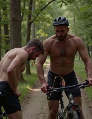 Deporte. Ciclismo. Lluvia dorada. 
En medio del bosque, dos ciclistas descamisados por el calor paran porque el ciclista dominante necesita orinar, le muestra al otro su gran chorro amarillo y lo conmina a que lo pruebe en su boca. 
